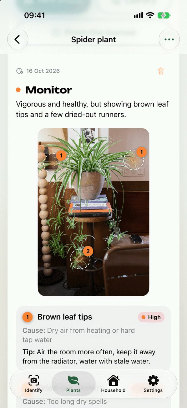 Plant check with finding, cause and actions