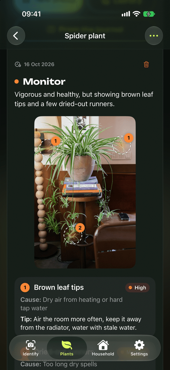 Plant check with finding, cause and actions