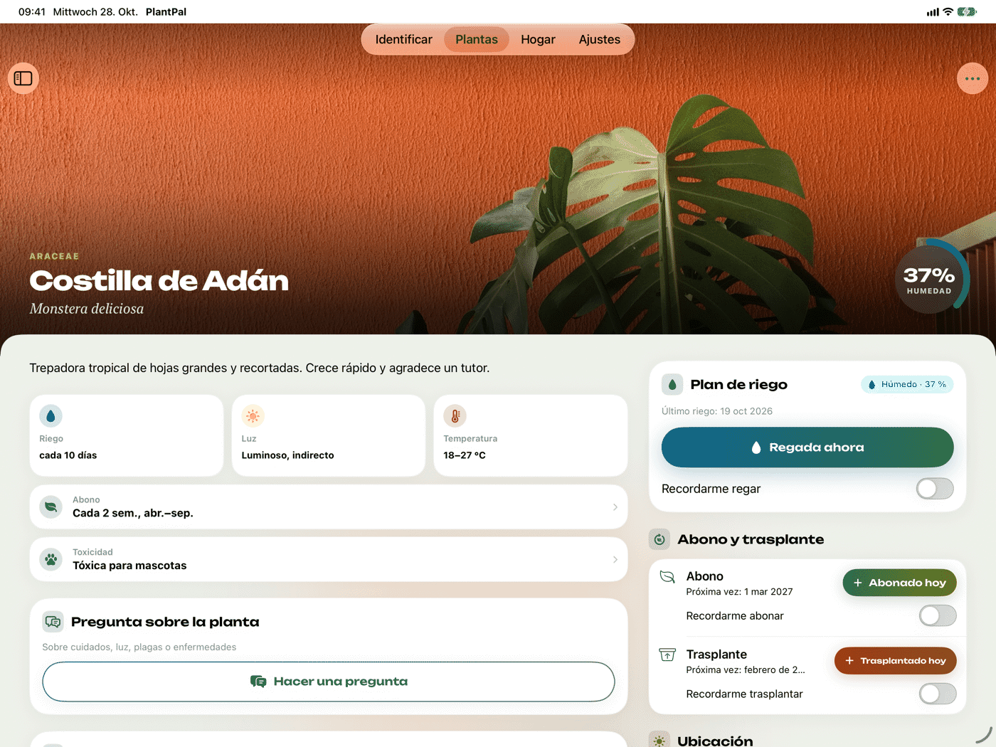 PlantPal en el iPad en horizontal