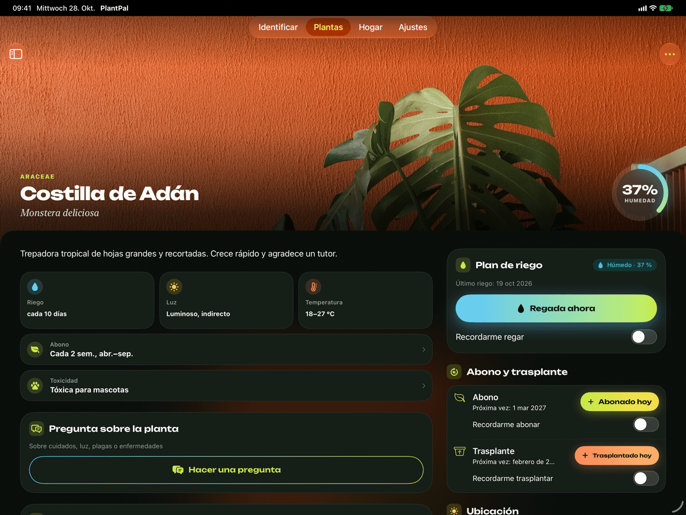 PlantPal en el iPad en horizontal
