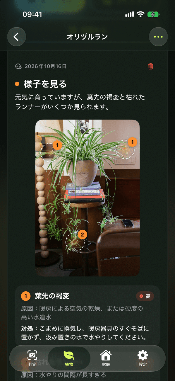 所見・原因・対策付きの植物チェック
