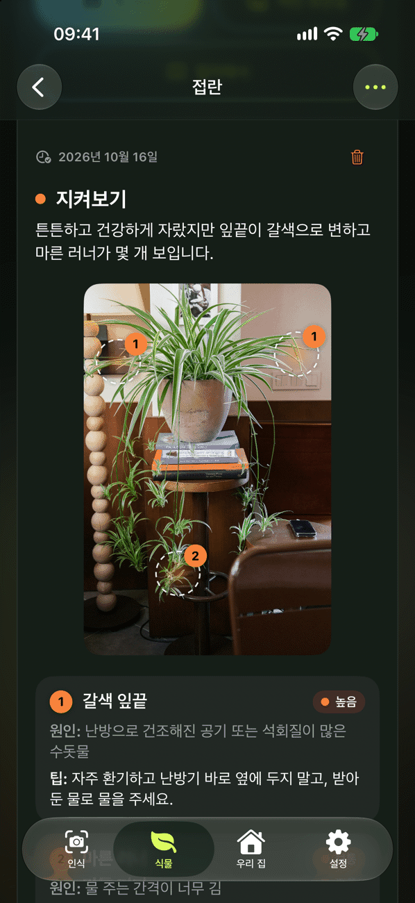 소견, 원인, 조치가 담긴 식물 체크