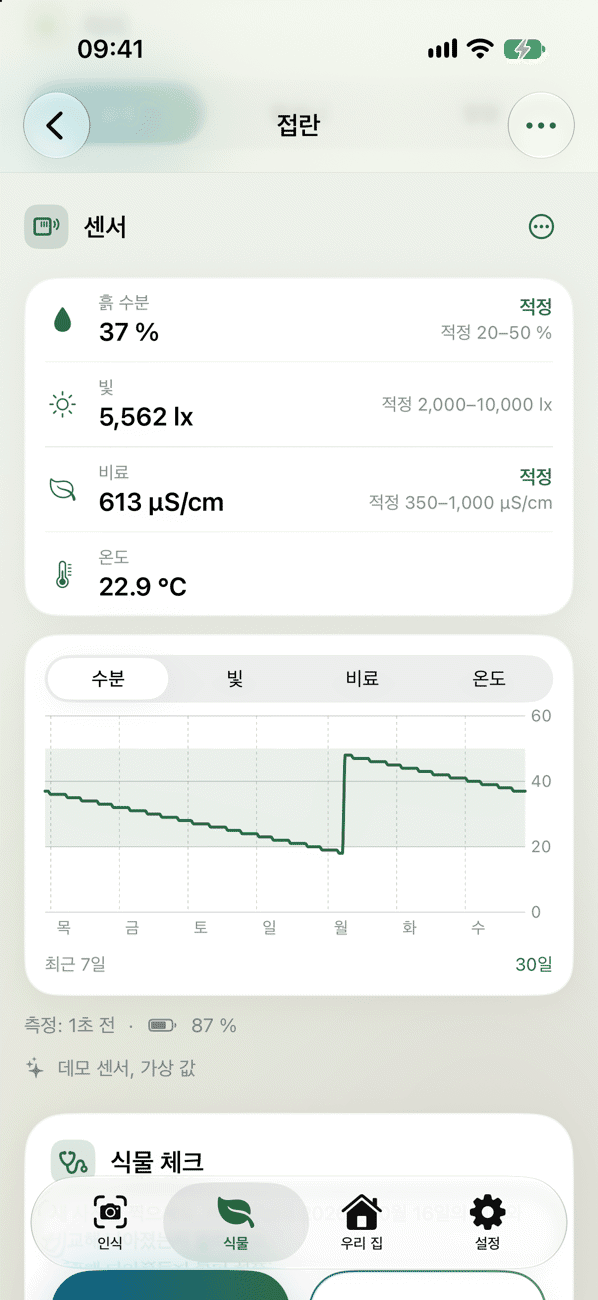 측정값이 표시된 식물 센서