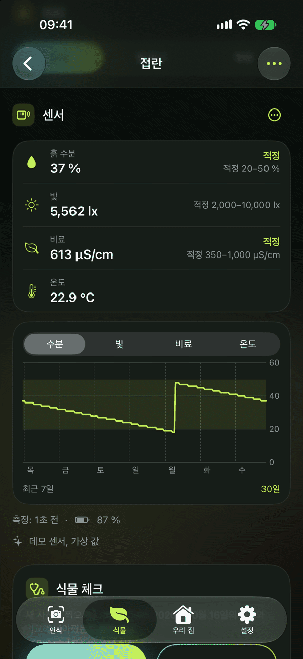 측정값이 표시된 식물 센서