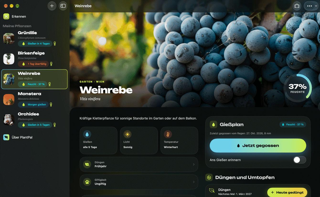 PlantPal am Mac mit Sensor, Verlauf und Pflanzen-Check