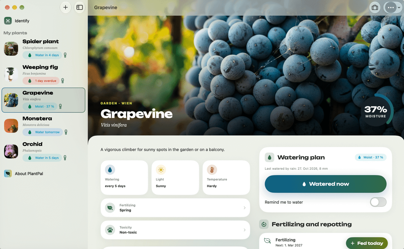 PlantPal on the Mac with sensor, history and plant check