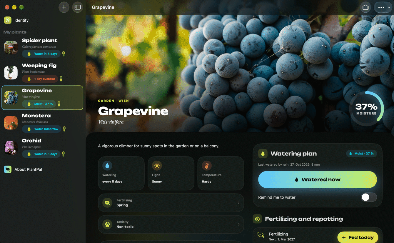 PlantPal on the Mac with sensor, history and plant check
