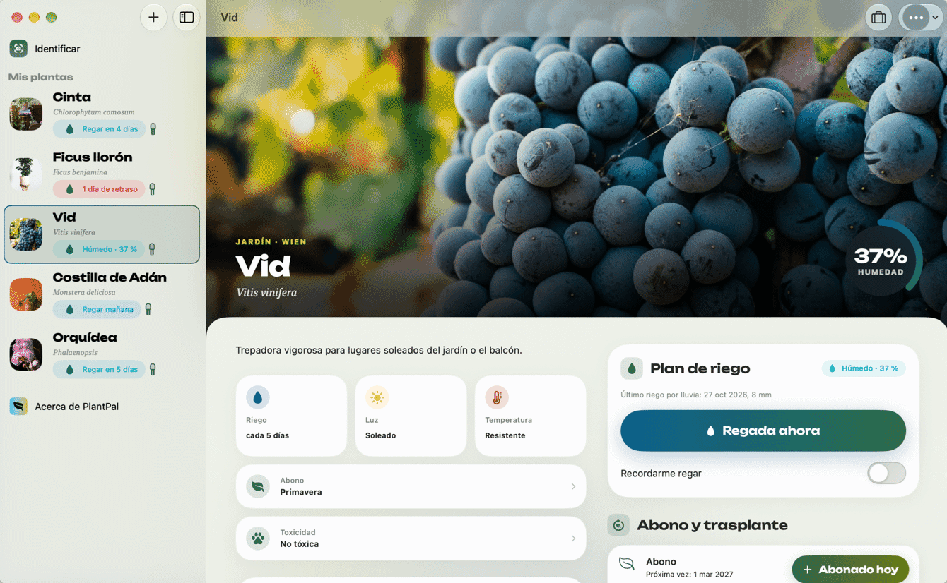PlantPal en el Mac con sensor, historial y revisión