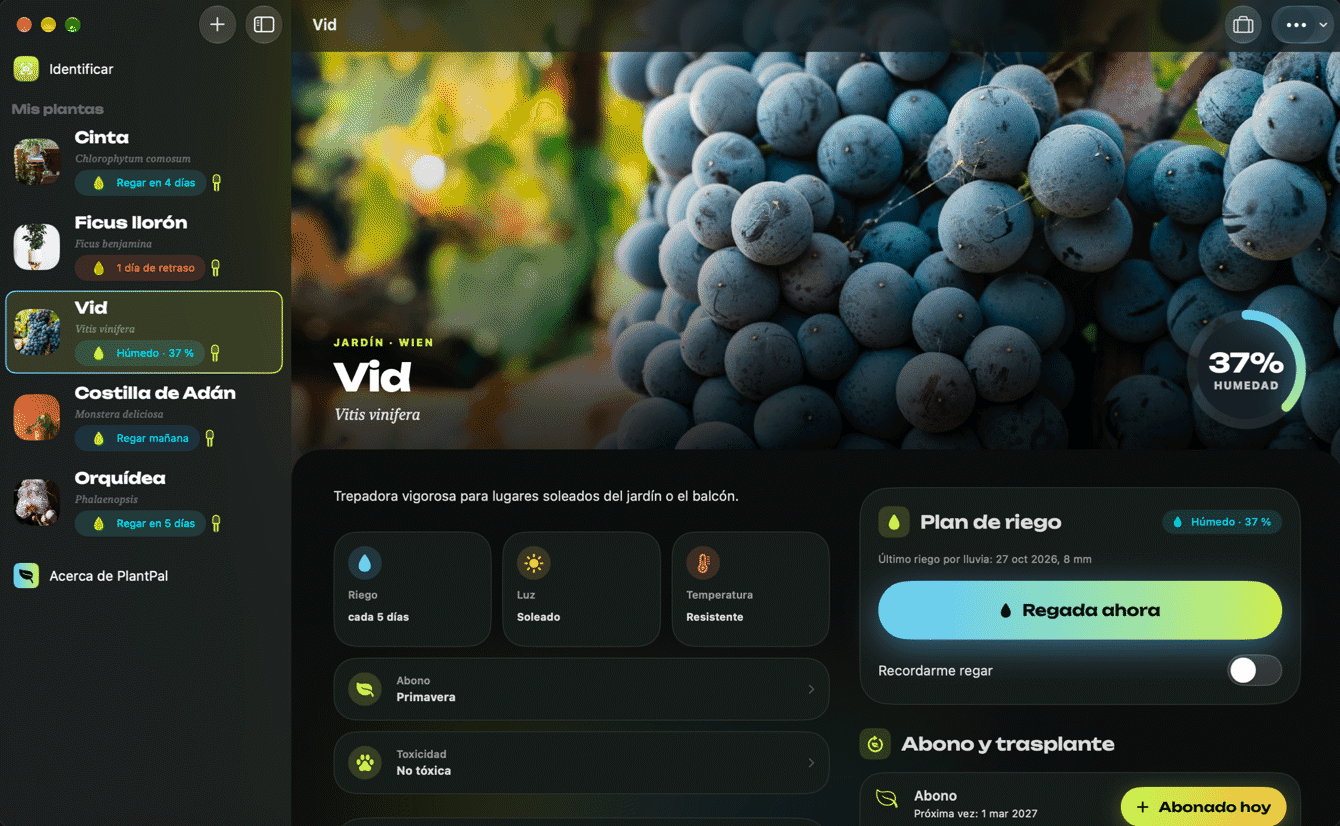 PlantPal en el Mac con sensor, historial y revisión