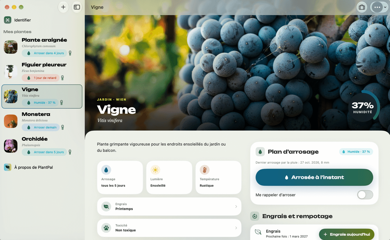 PlantPal sur Mac avec capteur, historique et bilan santé
