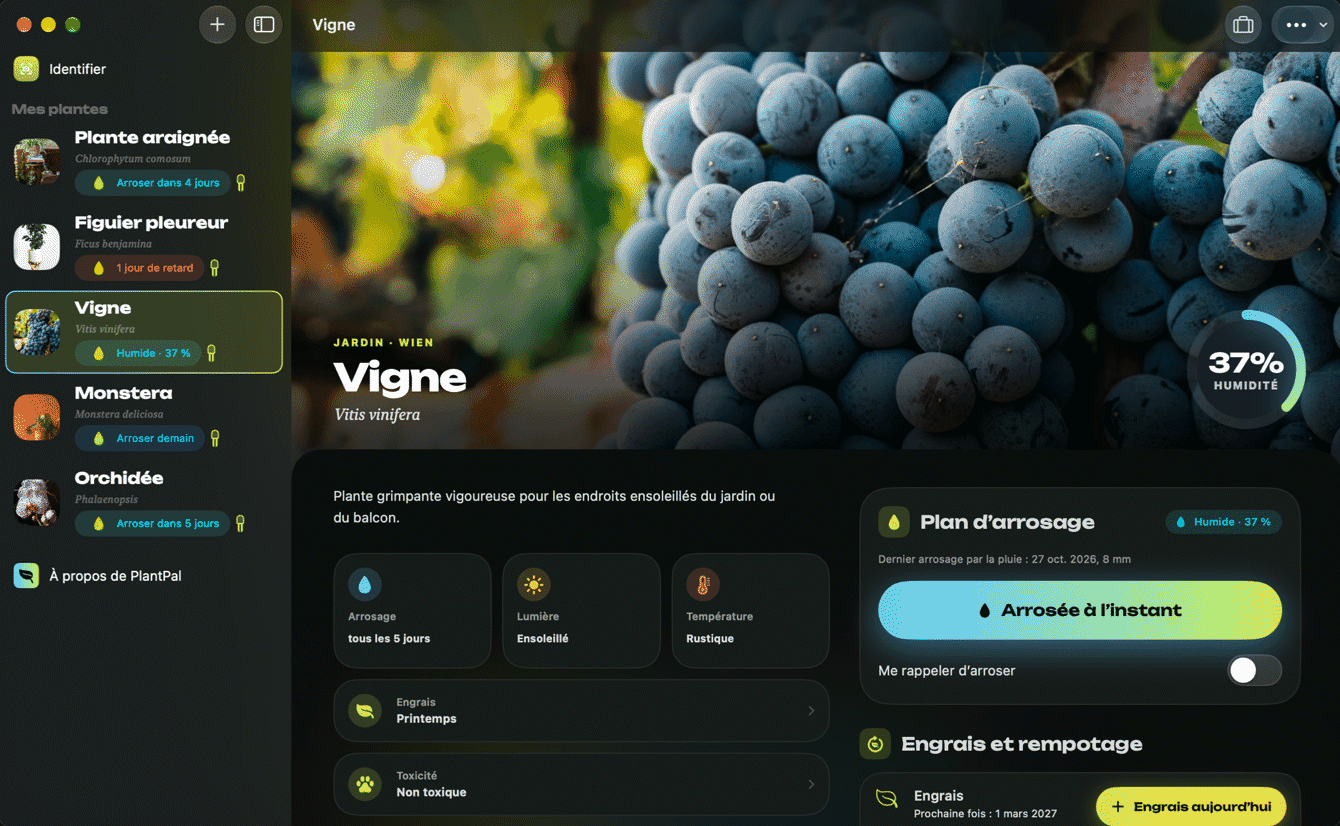 PlantPal sur Mac avec capteur, historique et bilan santé