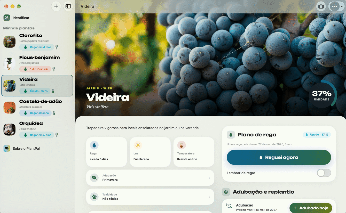 PlantPal no Mac com sensor, histórico e check-up