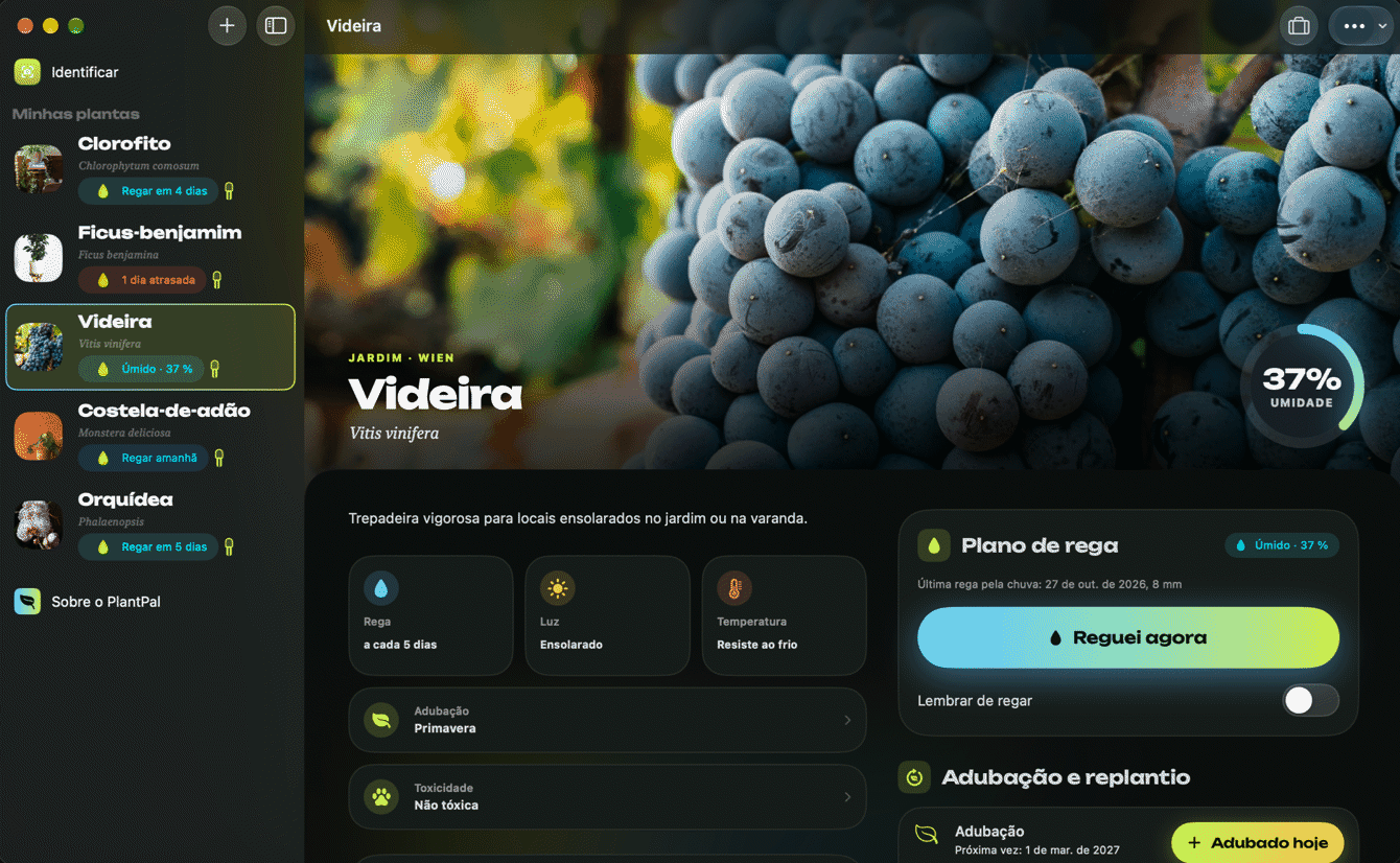 PlantPal no Mac com sensor, histórico e check-up